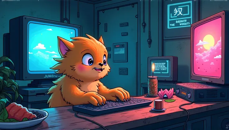 one furry Monster playing video games on a computer in a lofi cyberpunk setting, pixiv, sofubi, lofi, cyberpunk, monster, sushi