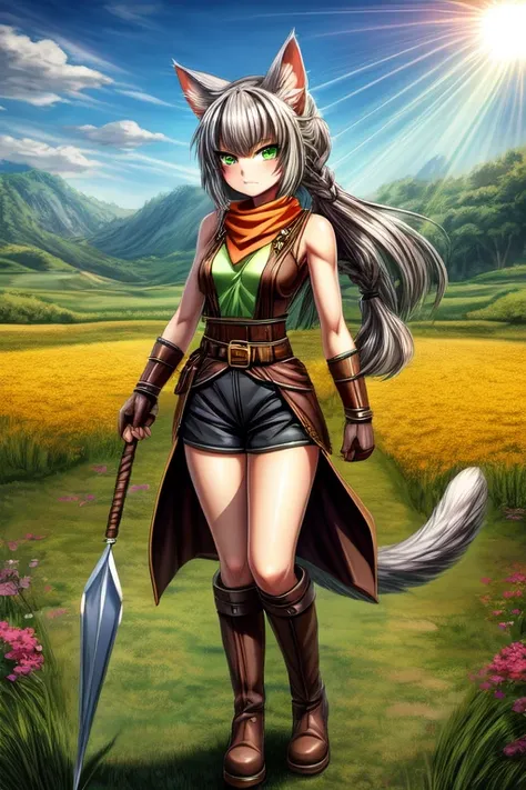 ((best quality)), ((masterpiece)), (detailed), 1 girl, neko girl, full body, , gray cat ears, no human ears, angry face, tsundere, blushing, pouting, green qipao, sleeveless, belt, shorts, long brown boots, long orange scarf, high quality, beautiful face, ...