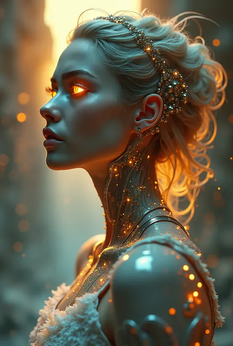 The goddess, Fortuna, glowing eyes, head to breast, silicone cybernetics. High Resolution, Masterpiece, Award Winning, Best Quality, High Details, High Quality, UHD, Optical Illusion, Impressionism, Art Deco, Cinematic, Cinematography, Futurism, Hyperreali...