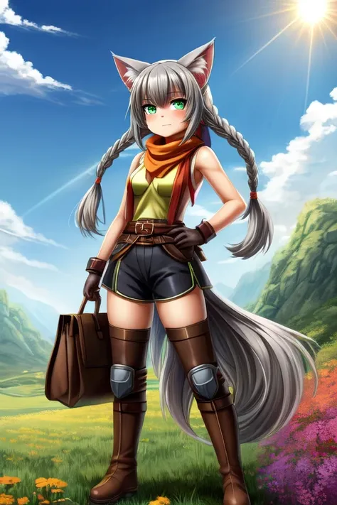 ((best quality)), ((masterpiece)), (detailed), 1 girl, neko girl, full body, , gray cat ears, no human ears, angry face, tsundere, blushing, pouting, green qipao, sleeveless, belt, shorts, long brown boots, long orange scarf, high quality, beautiful face, ...