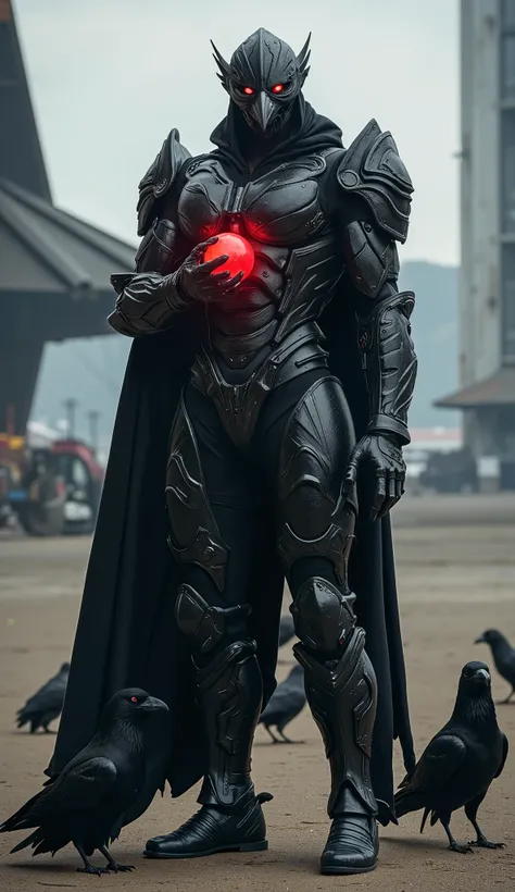 Full body. Futuristic warrior with a gloomy, high-tech design in the shape of a crow. He wears a fully covered raven-shaped helmet, which appears black armored, with glowing red eyes that project an air of menace. Their armor is designed for combat, with a...