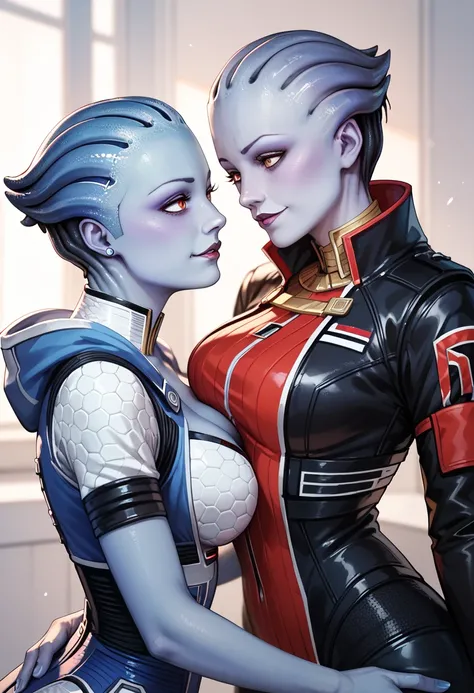 2 asari from mass effect scissoring with one of them looking horrified while the other has red eyes and is smirking