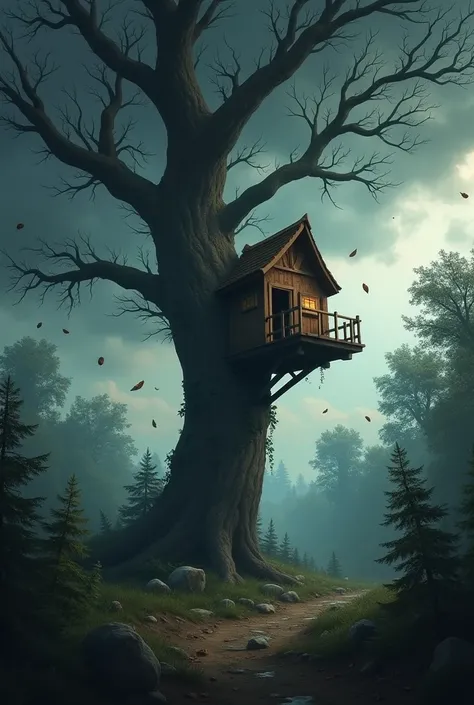 A dark, cloudy sky looms over the forest. Wind blows through the trees, bending branches. Leaves and acorns scatter in the air, and a wooden squirrel treehouse sways precariously