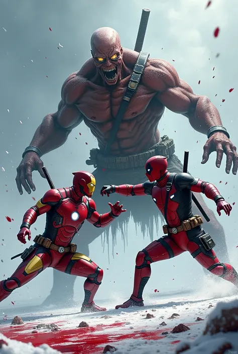 Ironman and deadpool killed samurai zombie bleeding photo snow