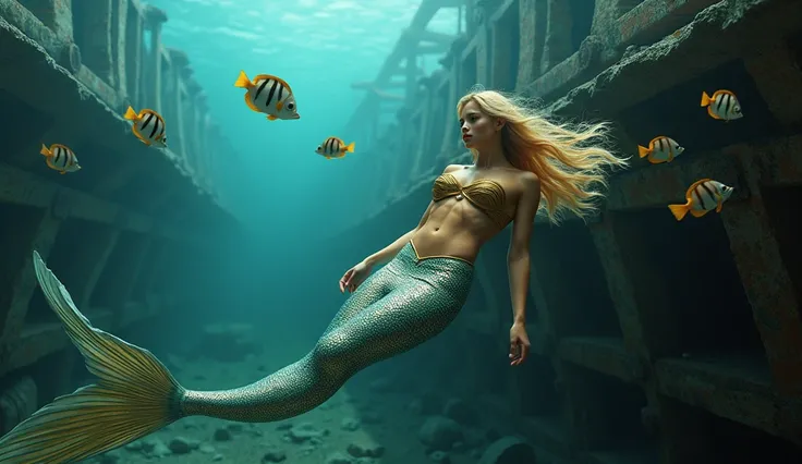 A hyper-realistic 8k photo of an alluring tanned mermaid floating underwater inside a sunken wooden Spanish galleon. The mermaid has long, wild unkempt yellow-blond hair floating in the water and wears a gold seaweed top. Her glossy tail blends from her at...