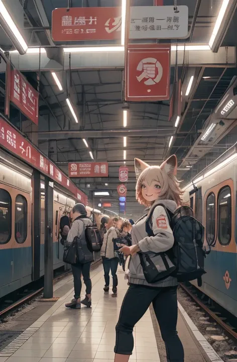 (  Masterpiece：1.3 ),    best quality ,    super high resolution,  detailed描写，((A bustling station:1.3))，混雑する駅，A lot of people coming and going 々 ，Cute baby fox， fox ears and tail， Fox-colored hair 、 detailed， smile，Professional photography，Ultra Wide Angl...