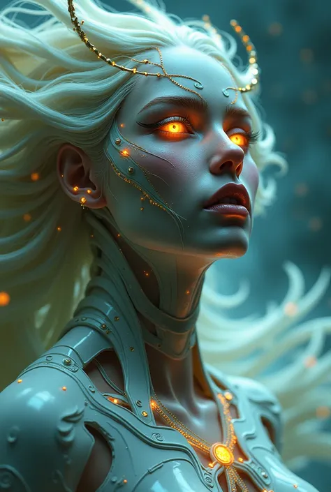 The goddess, Fortuna, glowing eyes, head to breast, silicone cybernetics. High Resolution, Masterpiece, Award Winning, Best Quality, High Details, High Quality, UHD, Optical Illusion, Impressionism, Art Deco, Cinematic, Cinematography, Futurism, Hyperreali...