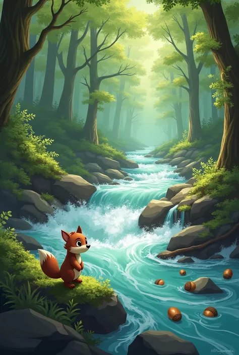 A fast-flowing river in the forest carries away acorns. Nibble stands at the riverbank, looking sad and worried as he watches the acorns float downstream