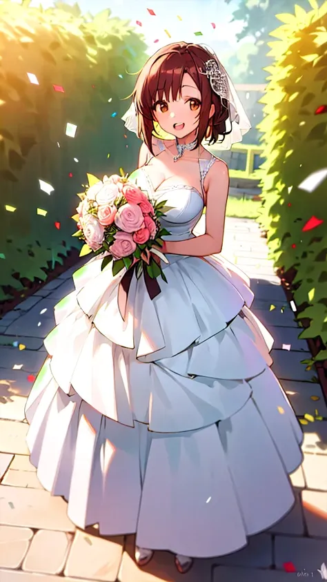 masterpiece, best quality, high quality, girl, solo, looking at viewer, itsuki_akazawa, brown hair, brown eyes, large breasts, wedding Dress, standing, garden, confetti, holding bouquet, smile, open mouth,