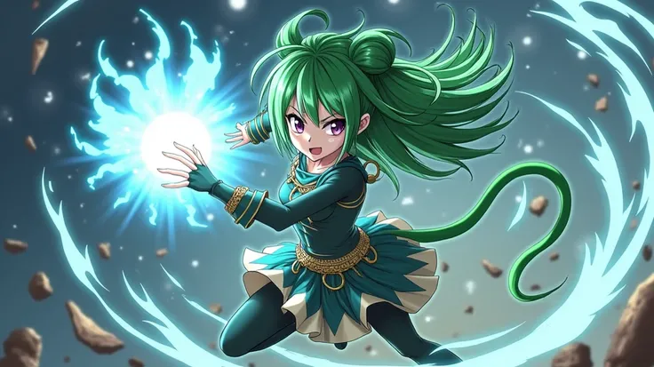 Anime girl, warrior, fighting,  green hair, purple eyes,  green monkey tail, Letting out a blow 