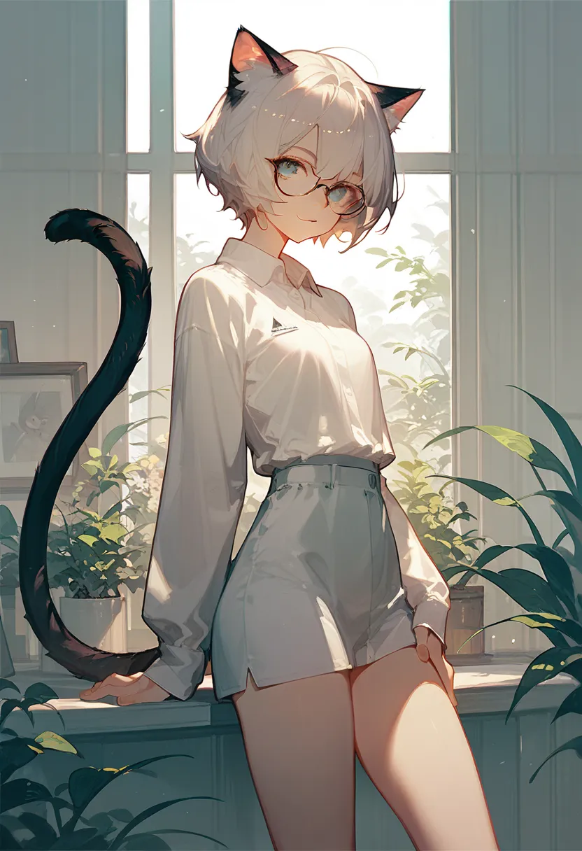 1girl, animal ears, solo, tail, glasses, cat ears, cat tail, looking at viewer, short hair, shirt, white shirt, long sleeves,