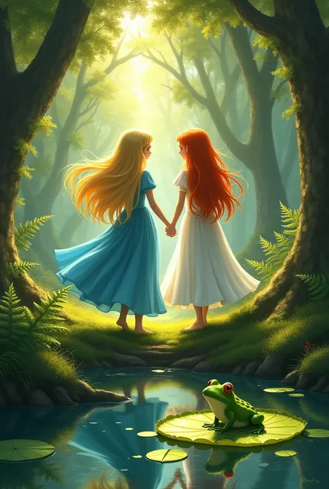 White-skinned blonde princess Aria in BLUE DRESS and orange-haired princess aria with white skin and white dress walking in the woods while they see a frog in a water lily