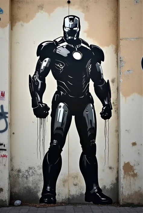 Iron-Man picture in the style of Banksy graffiti, photographed on a street wall