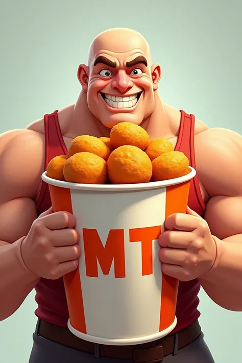 Cartoon, A bald muscular man, smiling infront of the camera holding a bucket of big chicken nuggets, make the bucket colored with orange and white. With "MT" On it