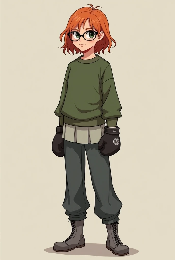 a ,  with light red hair , with glasses,  she wears a moss green sweatshirt , Use gloves ( it cant be boxing gloves ),  a light gray skirt under her long dark gray pants, with gray boots ,  her name is Tulip Olsen !