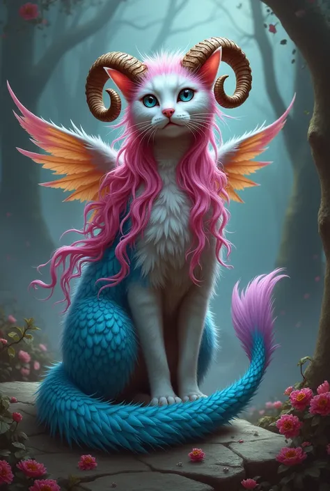 Cat with blue fish tail , rams horns, parrot wings and long pink hair