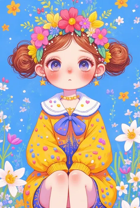 There is a picture of a girl wearing a flower crown on her head, Portrait of a character,  is popular in the CG community,  Digital Art, Lovely art style, cute  Digital Art, cute detailed  Digital Art,   lovely detailed artwork ,   hand drawn cartoon art s...