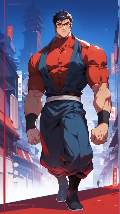 masculine man, towering height, strong manly muscle , tight-fitting ninja style , short black hair combed back , Red eyes , square glasses, 24 years old, full body night city background 