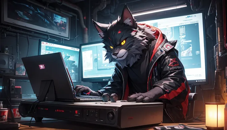 one furry Monster playing video games on a computer in a lofi cyberpunk setting, pixiv, sofubi, lofi, cyberpunk, monster, sushi