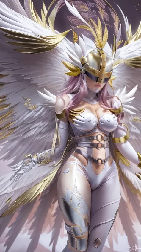 (masterpiece, best quality;1.3), ultra detailed, 
Angewomon, Digimon,winged helmet, helmet over eyes, helmet on, covered eyes,
white multiple wings, white wings, pink hagoromo, single glove, strapless,
white bodysuit, gold strapless bra, black belt, two be...