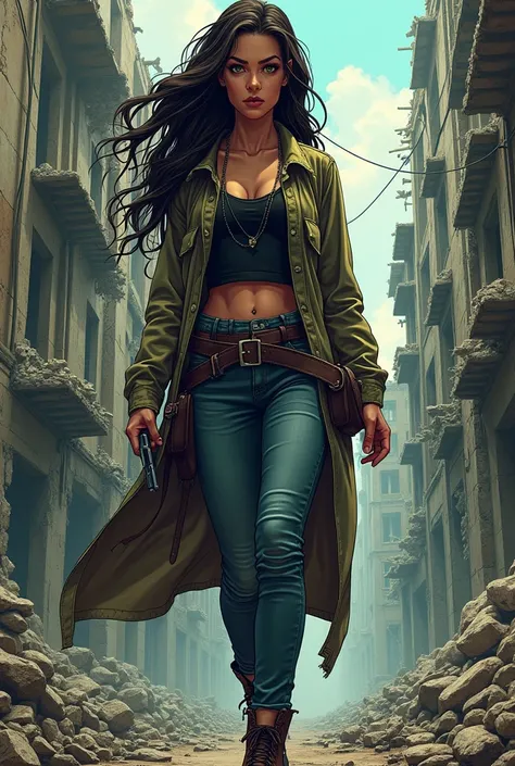 a half-breed woman character, full body, in the background a building, the zombie apocalypse thematic, comic drawing style, HD, without gun,without weapons, very detailed.