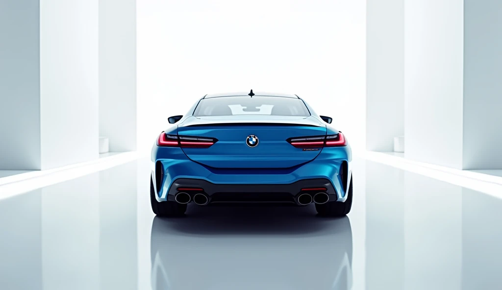 A captivating image of a ( BMW 9 series) taking center stage in a luxurious white showroom. The futuristic, vibrant (blue Colour)exterior gleams, showcasing its sleek, aerodynamic design and bold accents. The back view highlights the cutting-edge innovatio...