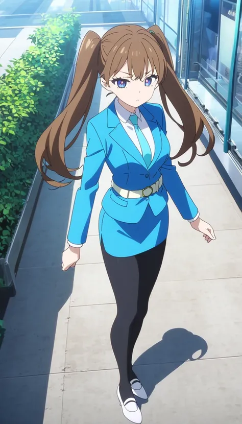 Brown Hair、 long hair、 twin tails、 Teal Eyelids、 Full Body Style 、 normal breasts、 narrow waist 、Bare legs、 in a suit、 blue jacket ,襟付き shirt, shirt,  blue tie,belt,,  Blue Mini Pencil Skirt, black tights,White pumps,Anime Images