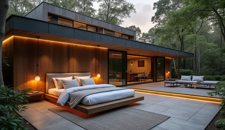 A modern big bedroom outside rain in forest hill