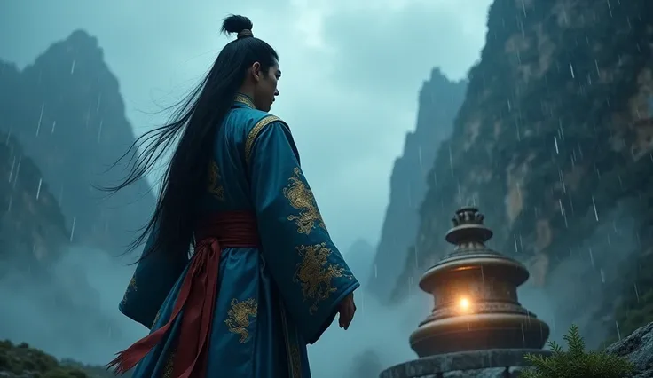 "A cinematic scene of Huang standing in the middle of a storm, near an ancient bronze bell on a mountain summit. Huang is wearing a deep blue traditional Chinese changshan, intricately embroidered with golden dragon motifs, a deep red belt cinching his wai...