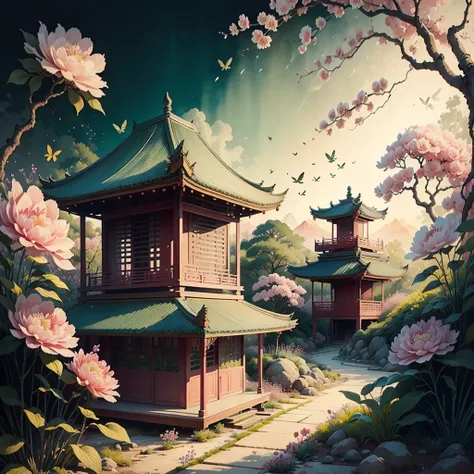 A vibrant Chinese-style wallpaper depicting a traditional spring garden with peonies, orchids, and peach blossoms in full bloom. A small pavilion is nestled among the flowers, while butterflies and birds add a lively touch. Painted with soft, harmonious wa...