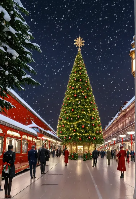 8K resolution, masterpiece, Highest quality, Award-winning works, movie scene, Busy Train Station, Roma Termini station, very crowded, (orient express is arriving a platform:1.5),  , luxuriously decorated Christmas tree, christmas decorations, snowing outs...