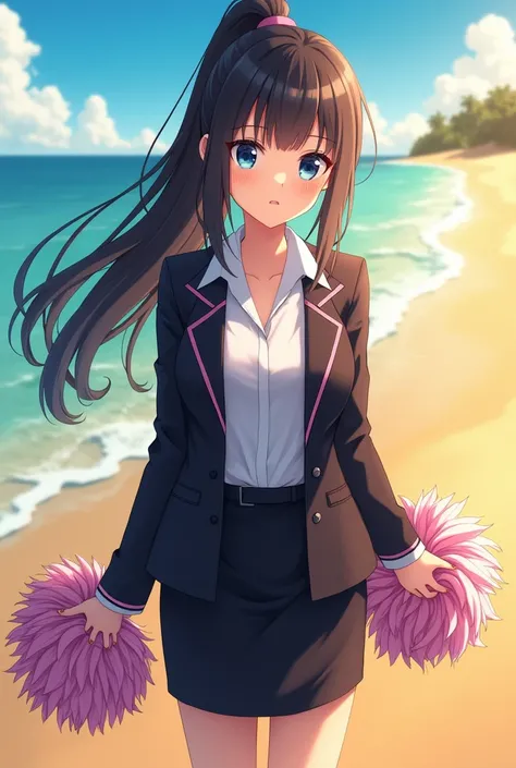 (best quality:1.3), (masterpiece:1.3), anime, 1girl, suit, cheerleader, black blazer, pencil skirt, white shirt, collared shirt, pom poms, long hair, ponytail, teenager, black hair, indigo eyes, looking at viewer, full body, age 15, beach, summer, daytime,...