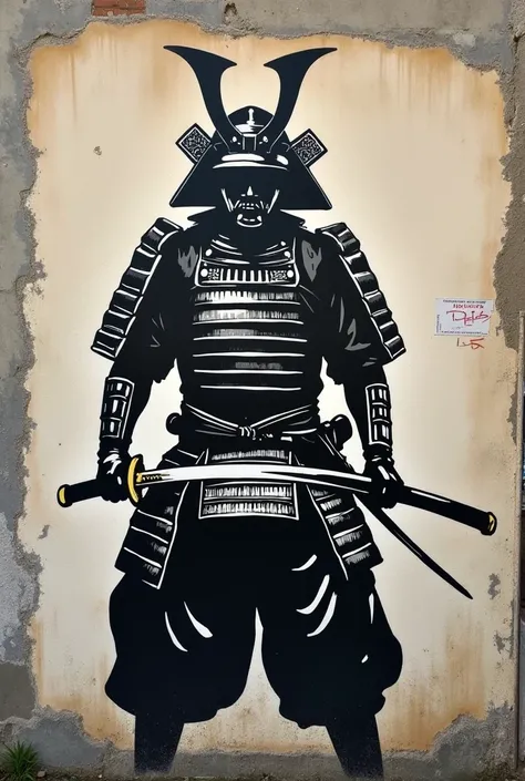 A Japanese samurai in the style of Banksy graffiti, photographed on a street wall