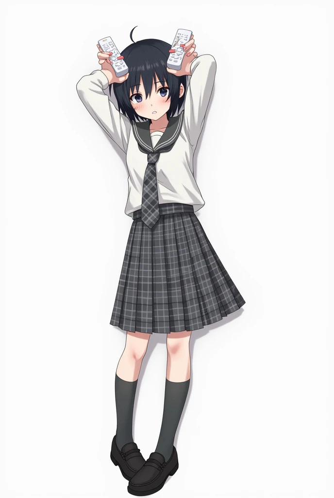 Teenage woman with black and short hair and with white anime watch and pink nails with schoolboy long-sleeved white shirt and plaid tie in dark gray and white and plaid pleated skirt in combination of dark gray and white colors, following a uniform pattern...