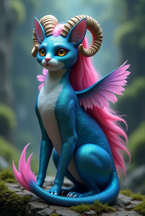 Cat with blue fish tail and fish scales,
 rams horns, parrot wings and long pink hair