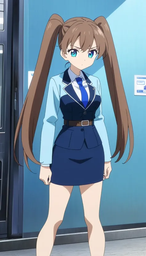 Brown Hair、 long hair、 twin tails、 Teal Eyelids、 Full Body Style 、 normal breasts、 narrow waist 、Bare legs、 in a suit、 blue jacket ,襟付き shirt, shirt,  blue tie,belt,,  Blue Mini Pencil Skirt, black tights,White pumps,Anime Images