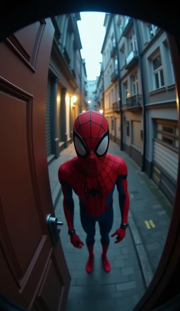 The surveillance footage shows ,  like Spider-Man from The Avengers” clearly looks through a fisheye lens at the input .  The fisheye effect distorts the edges of the image and enhances the frightening and frightening atmosphere:  Spider-Man appears in red...