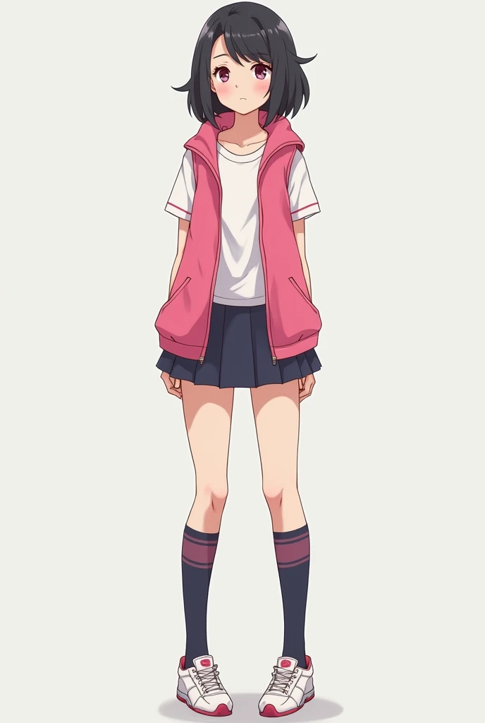 16-year-old girl with 1 .65 tall slim athlete wearing a shirt and wearing a pink vest with skirt and long anime socks
