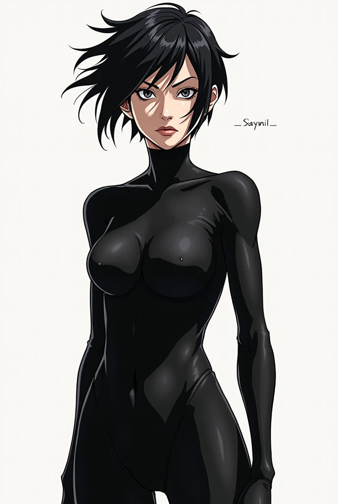 A nude image of Gally, gunnm , manga art,   short hair,  showing her body,  Skinny black suit  