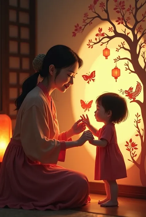 A mother with her baby making Chinese shadows