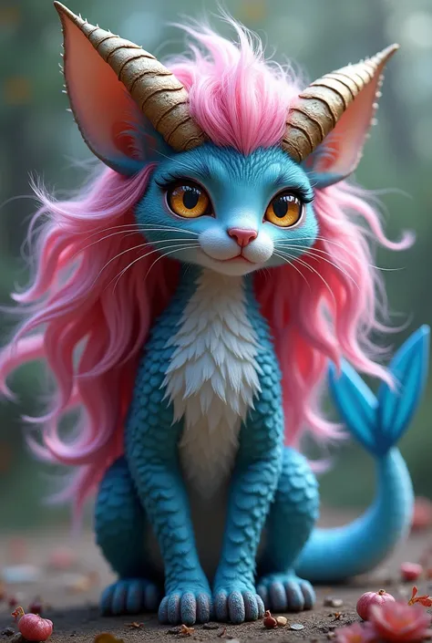 Cat with blue fish tail and fish scales,
 rams horns, parrot wings and long pink hair, with very long and shiny eyelashes