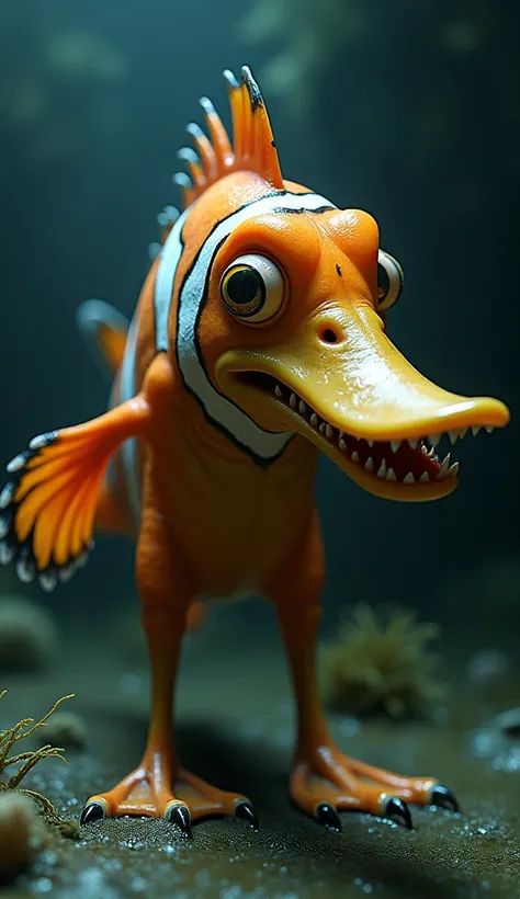 Give me a hybrid between the nemo fish from the movie and a duck, Very scary to bring out a lot of characteristics of both
