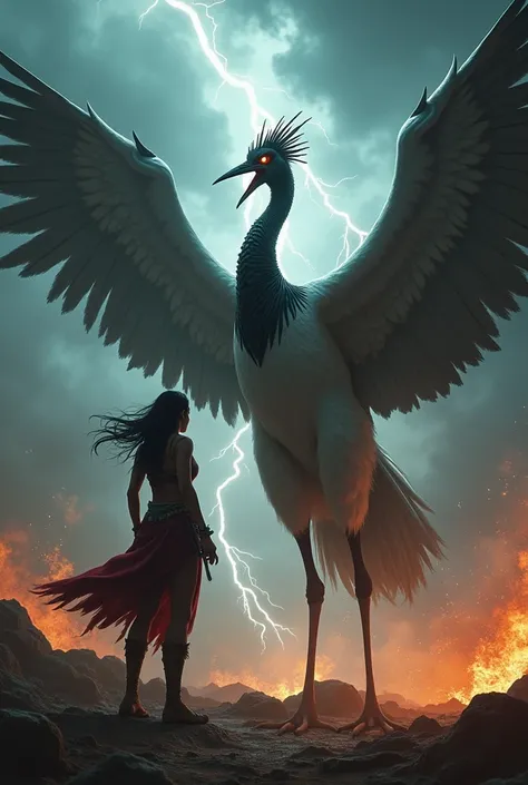 Create a dramatic scene featuring a towering saras pakshi (Indian crane) and a fierce heroine. Both are in an intense, angry stance, facing each other as if ready to clash. The saras pakshi has its wings spread wide, its sharp beak open, and glowing, menac...