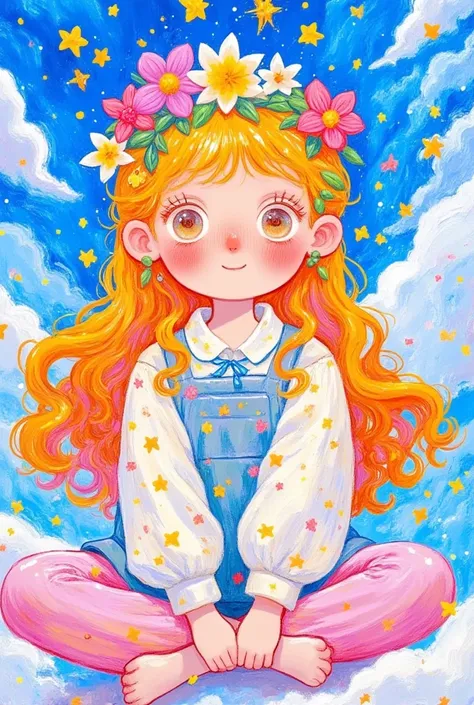 There is a picture of a girl with a flower crown on her head in the clouds, Lovely art style, cute digital art,  cute detailed digital art ,   lovely detailed artwork ,   hand drawn cartoon art style  ,  cute cartoon character ,  lovely artwork ,  Lovely i...