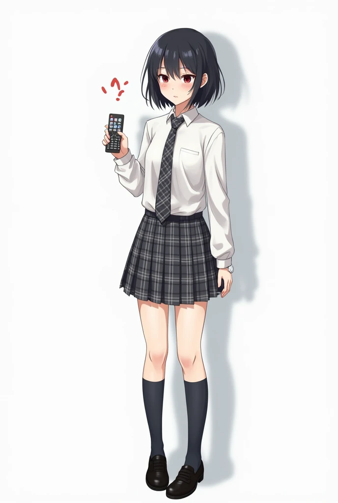 Teenage woman with black and short hair and with white anime watch and pink nails with schoolboy long-sleeved white shirt and plaid tie in dark gray and white and plaid pleated skirt in combination of dark gray and white colors, following a uniform pattern...