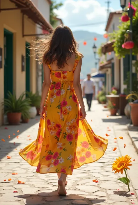 Woman in a flowery summer dress walking and petals blown away has a flower following her in the streets.