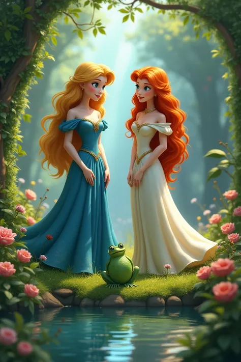 Princess Aria blonde with white skin and blue dress and princess Belle with orange hair white skin and white dress watching as a frog starts talking