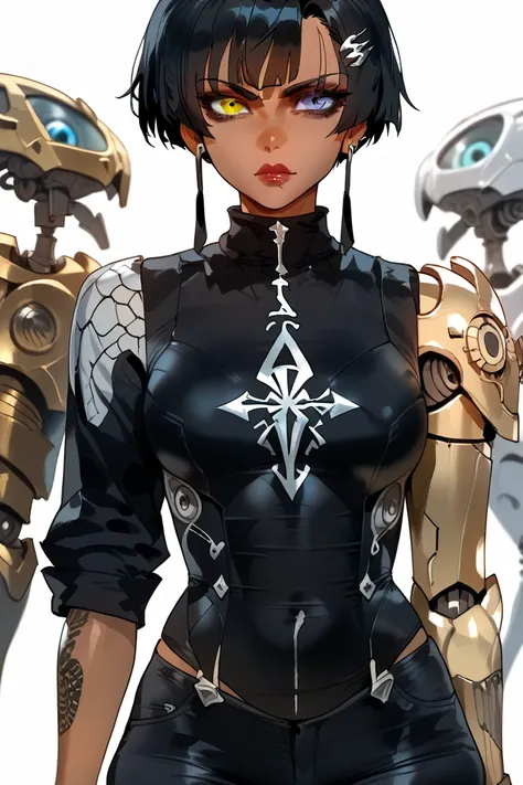 short black hair, black eye, calm expression, sharp eyes, piercing eyes, cybernetic arm, heterochromia, bi-colored eyes, silver eye long dark red poncho, black pants, black undershirt, 1 girl, dark skin, beautiful, sharp facial features, defined jawline, s...