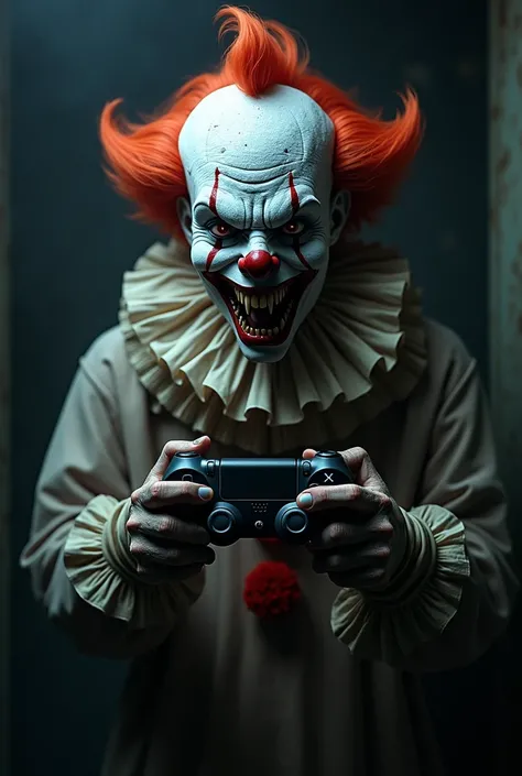 Image of a horror clown holding a PlayStation 5 controller