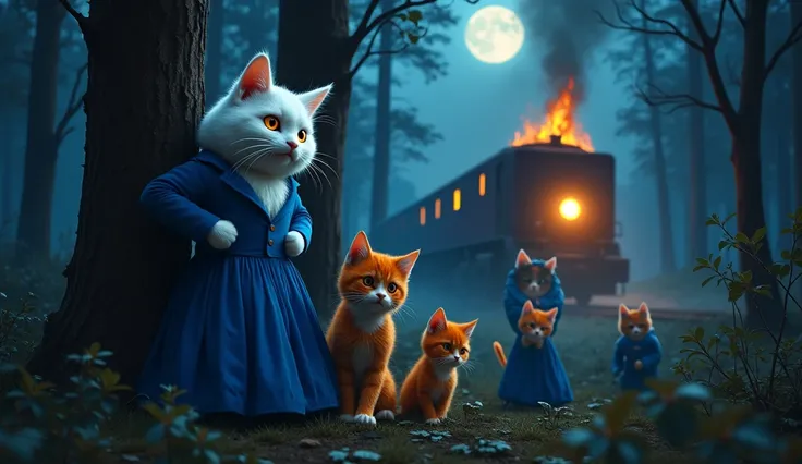 "A humanoid white father cat, dressed in a sharp blue suit, urgently grabs his humanoid white wife, with a large chest and wearing a flowing blue gown, along with their three humanoid orange kittens dressed in matching blue dress. The family huddles togeth...